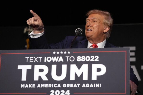 FILE - Former President Donald Trump speaks during a commit to caucus rally, Oct. 29, 2023, in Sioux City, Iowa. Trump will campaign Saturday in west-central Iowa as part of his fall push. (AP Photo/Charlie Neibergall, File)