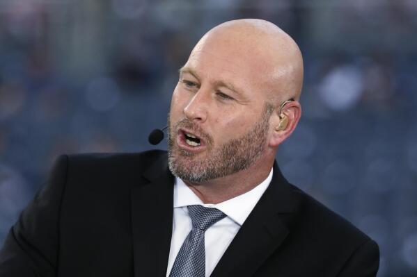 FILE - Trent Dilfer talks during ESPN's Monday Night Countdown before an NFL football game between the Chicago Bears and the Philadelphia Eagles, Sept. 19, 2016, in Chicago. Dilfer, who has been coaching a high school team in Tennessee for the last four years, is the leading candidate to become the new coach at UAB, a person with knowledge of the search told The Associated Press on Tuesday night, Nov. 29, 2022. (AP Photo/Charles Rex Arbogast, File)
