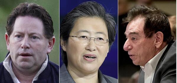 FILE - This photo combination shows from left, Activision Blizzard CEO Robert Kotick, Lisa Su, president and CEO of Advanced Micro Devices, Regeneron CEO Dr. Leonard Schleifer.    Pay packages rose yet again in 2020 for the CEOs of the biggest U.S. companies, even though the pandemic sent the economy to its worst quarter on record and slashed corporate profits around the world. (AP Photo/FILE)