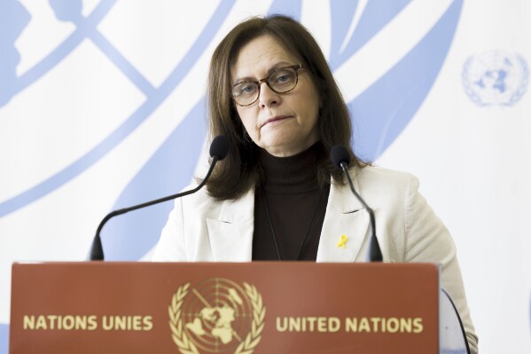 Meirav Eilon Shahr, Ambassador of the Permanent Representative Mission of the Israel to the UN, makes her remarks on the vote on a resolution regarding the Israeli military campaign in Gaza, during the 55th session of the Human Rights Council, at the European headquarters of the United Nations in Geneva, Switzerland, Friday, April 5, 2024. The U.N.’s top human rights body called on countries to stop selling or shipping weapons to Israel in a resolution passed Friday that aims to help prevent rights violations against Palestinians amid Israel’s blistering military campaign in Gaza. The 47-member-country Human Rights Council voted 28-6 in favor of the resolution, with 13 abstentions. (Salvatore Di Nolfi/Keystone via AP)