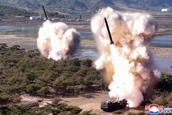 This photo provided by the North Korean government, shows what it says a drill of long-range artillery and missile systems at North Korea’s eastern coast Thursday, May 8, 2025. Independent journalists were not given access to cover the event depicted in this image distributed by the North Korean government. The content of this image is as provided and cannot be independently verified. Korean language watermark on image as provided by source reads: "KCNA" which is the abbreviation for Korean Central News Agency. (Korean Central News Agency/Korea News Service via AP)