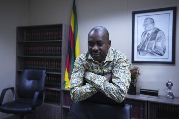 Zimbabwe's main opposition leader Nelson Chamisa speaks during an interview with the Associated Press at his offices in Harare, Monday, Aug 31, 2023.Chamisa accused President Emmerson Mnangagwa of "violating the law" and "tearing apart" independent institutions to cling on to power.(AP Photo/Tsvangirayi Mukwazhi)