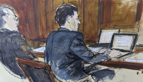 In this courtroom sketch, FTX founder Sam Bankman-Fried, right, sits at the defense table next to his attorney Christian Everdell as jury selection began in his fraud trial, Tuesday, Oct. 3, 2023. (AP Photo/Elizabeth Williams)