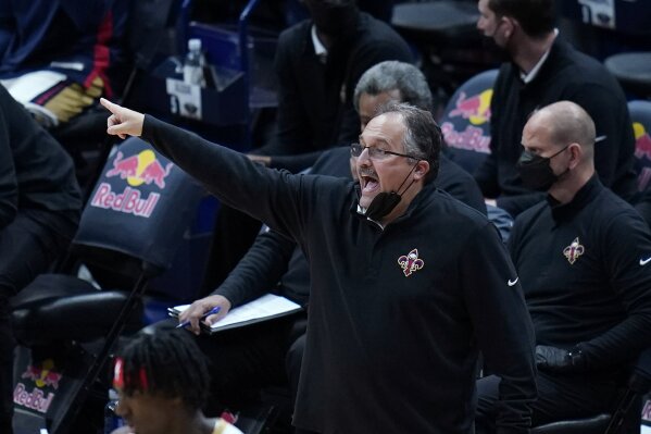 New Orleans Pelicans head coach Stan Van Gundy calls out from the bench in the first half of an NBA basketball game against the Sacramento Kings in New Orleans, Monday, April 12, 2021. (AP Photo/Gerald Herbert)