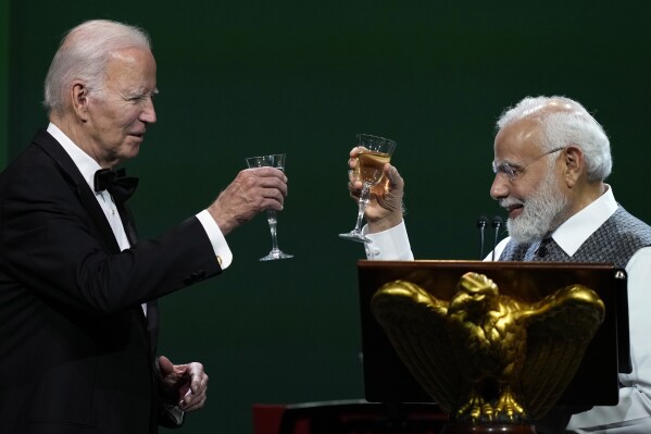 FILE-India's Prime Minister Narendra Modi offers a toast during a State Dinner with President Joe Biden at the White House in Washington, Thursday, June 22, 2023. (AP Photo/Susan Walsh, File)