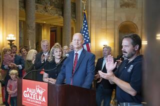 Senate Majority Leader Paul Gazelka announces he is officially entering the Minnesota governor's race during a news conference on Wednesday, Sept. 8, 2021 in St. Paul, Minn. Gazelka, of East Gull Lake, gave up his post as Senate majority leader last week in what was widely seen as a step toward a campaign. (Glen Stubbe/Star Tribune via AP)