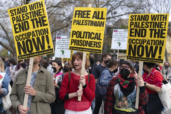 Protesters demonstrate in support of Palestinians at Dupont Circle in Washington, Saturday, March 30, 2024. (AP Photo/Jose Luis Magana)