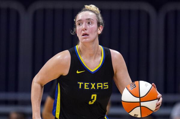 FILE - Dallas Wings guard Marina Mabrey (3) plays against the Indiana Fever in the second half of a WNBA basketball game in Indianapolis, Sunday, July 24, 2022. The Chicago Sky acquired Marina Mabrey as part of a four-team deal on Saturday, Feb. 11, 2023, with the New York Liberty, Dallas Wings and Phoenix Mercury. (AP Photo/Michael Conroy, File)