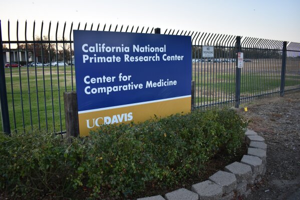 This Friday, Nov. 22, 2019, photo, shows the entrance to the California National Primate Research Center in Davis, Calif. After a group of monkeys housed outdoors at the facility were exposed to wildfire smoke as infants, scientists are studying the animals to learn what kind of impacts breathing in smoke could have on children. (AP Photo/Matthew Brown)