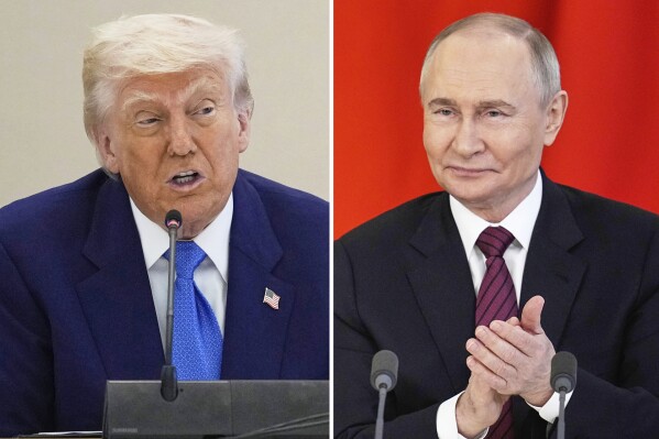 This combination photo shows President Donald Trump in a business roundtable, May 16, 2025, in Abu Dhabi, United Arab Emirates, left, and Russian President Vladimir Putin at a signing ceremony at the Kremlin in Moscow, May 10, 2025. (AP Photo)