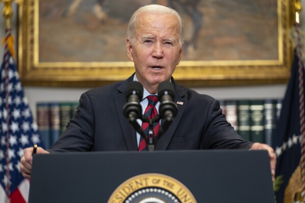 FILE - President Joe Biden speaks on student loan debt forgiveness, in the Roosevelt Room of the White House, Oct. 4, 2023, in Washington. The Biden administration will start canceling student loans for some borrowers starting in February as part of a new repayment plan. Cancellation was originally set to begin in July under the new SAVE repayment plan, but it's being unrolled ahead of schedule to provide faster relief to borrowers. (AP Photo/Evan Vucci, File)