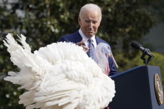 President Joe Biden speaks after pardoning the national Thanksgiving turkey, Liberty, during a pardoning ceremony at the White House in Washington, Monday, Nov. 20, 2023. Social media users are misrepresenting a video from the event, falsely claiming that Biden left the ceremony "abruptly." (AP Photo/Susan Walsh)
