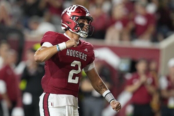 Indiana quarterback Tayven Jackson (2) reacts after a touchdown during the second half of an NCAA college football game against Indiana State, Friday, Sept. 8, 2023, in Bloomington, Ind. (AP Photo/Darron Cummings)