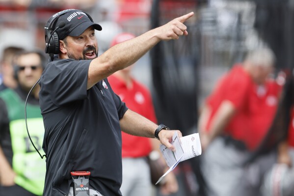 Ohio State head coach Ryan Day shouts to his players during the second half of an NCAA college football game against Youngstown State, Saturday, Sept. 9, 2023, in Columbus, Ohio. (AP Photo/Jay LaPrete)