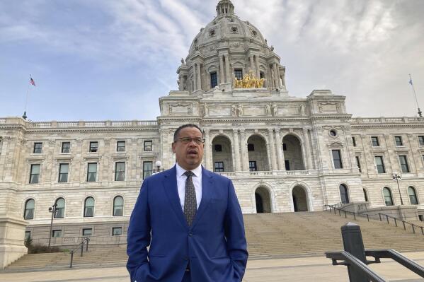 Minnesota Attorney General Keith Ellison stands outside the State Capitol in St. Paul, on Thursday, May 18, 2023, for an interview with The Associated Press on his new book, "Break the Wheel: Ending the Cycle of Police Violence," will be released Tuesday, May 23, 2023. Minnesota prosecutors were so worried a judge would move the murder trial of former Officer Derek Chauvin out of the city where he killed George Floyd that they conducted a mock trial in a deep red rural county to test their strategy, Ellison reveals in the new book. (AP Photo/Steve Karnowski)