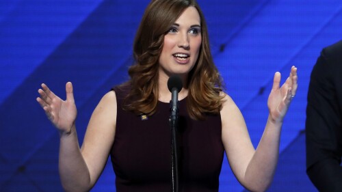 FILE 0 LGBT rights activist Sarah McBride speaks during the final day of the Democratic National Convention in Philadelphia , Thursday, July 28, 2016. McBride, now a Delaware state Senator, announced Monday, June 26, 2023, she's running for the U.S. House of Representatives. Already the first openly transgender state senator elected in the country, she'd be the first transgender member of Congress if she wins in November. (AP Photo/J. Scott Applewhite, File)