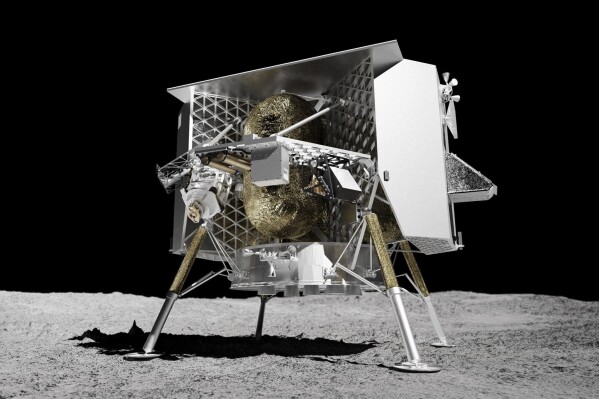 This illustration provided by Astrobotic Technology in 2024 depicts the Peregrine lunar lander on the surface of the moon. A fuel leak shortly after its Monday, Jan. 8, 2024 liftoff prevented any chance of a moon touchdown. (Astrobotic Technology via AP)