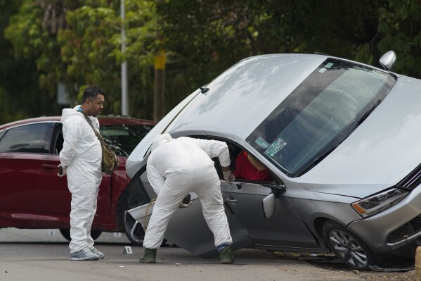 Forensic medical examiners work at the scene where an unidentified man was killed in Apatzingan, Mexico, Sunday, July 2, 2023. According to the victims, gunmen carjacked and, took their auto at gunpoint and used it to shoot another driver to death just a few blocks away. (AP Photo/Eduardo Verdugo)