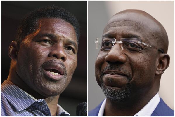 This combination of photos shows Herschel Walker, Republican candidate for U.S. Senate for Georgia, on May 23, 2022, in Athens, Ga., left, and Democratic nominee for U.S. Senate Sen. Raphael Warnock on Nov. 10, 2022, in Atlanta. Walker is running against Warnock in a runoff election. (AP Photo/Brynn Anderson)