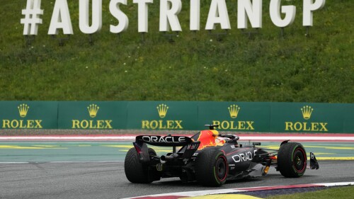 Red Bull driver Max Verstappen of the Netherlands takes a curve during the sprint race ahead of Sunday's Formula One Austrian Grand Prix auto race, at the Red Bull Ring racetrack, in Spielberg, Austria, Saturday, July 1, 2023. (AP Photo/Darko Vojinovic)