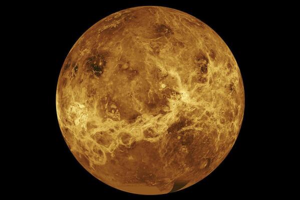 FILE - In this file photo made available by NASA shows the planet Venus made with data from the Magellan spacecraft and Pioneer Venus Orbiter.  Two spacecraft are set to swoop past Venus within hours of each other this week, using the manoeuvre to do a little bit of bonus science on the way to the center of our solar system, starting with the Solar Orbiter probe operated by NASA and the European Space Agency early Monday Aug. 9, 2021  (NASA/JPL-Caltech FILE via AP)