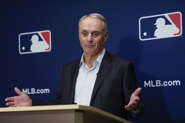 Major League Baseball Commissioner Rob Manfred speaks to members of the media following an owners' meeting, Thursday, June 15, 2023, at MLB headquarters in New York. (AP Photo/John Minchillo)