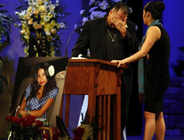 FILE - Reynaldo Gonzalez cries while remembering his daughter Nohemi Gonzalez, who was killed by Islamic State gunmen in Paris, at her funeral at the Calvary Chapel in Downey, Calif., Dec. 4, 2015. A lawsuit against YouTube from the family of Nohemi Gonzalez is at the center of a closely watched Supreme Court case being argued Tuesday, Feb. 21, 2023. (Genaro Molina/Los Angeles Times via AP, Pool, File)