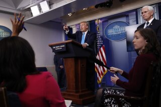 In this April 7, 2020, photo, President Donald Trump calls on a reporter for a question as he speaks about the coronavirus in the James Brady Press Briefing Room of the White House in Washington. First, it was the media that was at fault. Then, Democratic governors came under fire. China, President Barack Obama and federal watchdogs have all had a turn in the crosshairs. And now it’s the World Health Organization that's to blame.  (AP Photo/Alex Brandon)