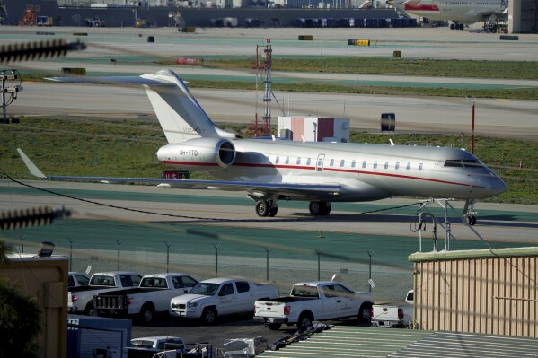 A VistaJet private jet, dubbed "The Football Era," with the tail number 9H-VTD, thought by online sleuths to have Taylor Swift aboard, arrives at Los Angeles International Airport from Tokyo's Haneda Airport, Saturday, Feb. 10, 2024, in Los Angeles. (AP Photo/Eric Thayer)