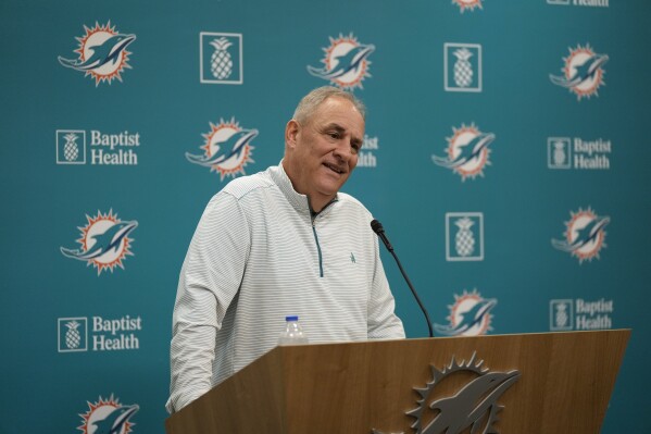 FILE - Miami Dolphins defensive coordinator Vic Fangio speaks during an NFL football press conference to introduce him, Monday, Feb. 20, 2023, in Miami Gardens, Fla. Dolphins GM Chris Grier improved the defense by bringing in respected defensive mind Vic Fangio. (AP Photo/Rebecca Blackwell, FIle)