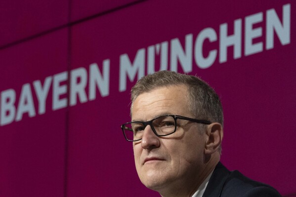 FILE - Bayern Munich soccer club CEO Jan Christian Dreesen attends a news conference in Munich, Germany, Sunday, May 28, 2023. Bayern Munich’s contentious sponsorship deals are leaving the club open to accusations of “sports washing” and alienating many of its fans. The Bavarian powerhouse last month announced a new five-year partnership with Rwanda to develop soccer and boost tourism in the east African country.. (AP Photo/Matthias Schrader, File)