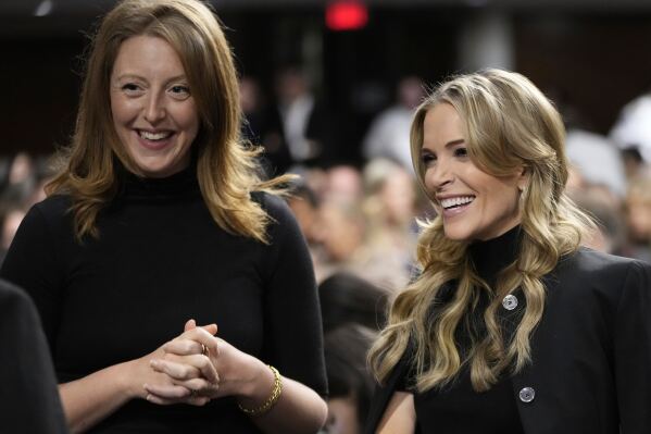 Dr. Casey Means, a wellness influencer, left, and journalist Megan Kelly, attend a confirmation hearing for Robert F. Kennedy Jr. for the Secretary of Health and Human Services post, at the Capitol in Washington, Jan. 29, 2025. (AP Photo/Ben Curtis, File)