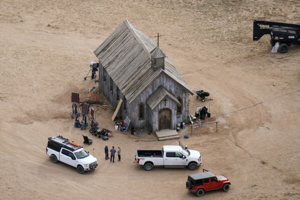 FILE - This aerial photo shows the Bonanza Creek Ranch in Santa Fe, N.M., on Oct. 23, 2021, used for the film “Rust.” On Friday, Aug. 4, 2023, Hannah Gutierrez-Reed agreed to forgo a preliminary hearing that would have provided court testimony from dozens of people, including eyewitnesses to Alec Baldwin fatally shot cinematographer Halyna Hutchins. (AP Photo/Jae C. Hong, File)