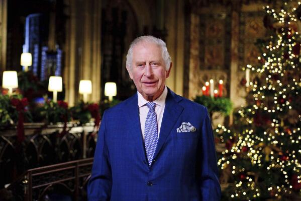 Britain's King Charles III delivers his message during the recording of his first Christmas broadcast in the Quire of St George's Chapel at Windsor Castle, Berkshire, England, Tuesday, Dec. 13, 2022. King Charles III evoked memories of his late mother, Queen Elizabeth II, as he broadcast his first Christmas message as monarch on Sunday, Dec. 25, 2022, in a speech that also paid tribute to the “selfless dedication” of Britain’s public service workers, many of whom are in a fight with the government over pay. (Victoria Jones/Pool Photo via AP)