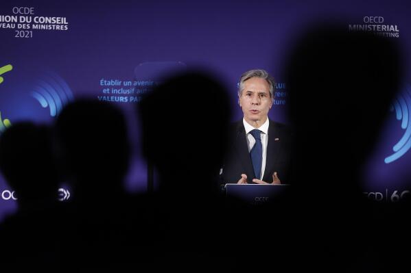 Secretary of State Antony Blinken speaks during a member session at the Organization for Economic Cooperation and Development's Ministerial Council Meeting, Tuesday, Oct. 5, 2021, in Paris. (Ian Langsdon, Pool via AP)