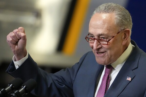 FILE - Senate Majority Leader Sen. Chuck Schumer of N.Y., speaks during a news conference, Jan. 31, 2023, in New York. Sen. Schumer concluded his yearly tour of all 62 counties in New York state on Monday, Dec. 18, 2023 marking the Democrat's 25th year of completing the tradition. (AP Photo/John Minchillo, file)