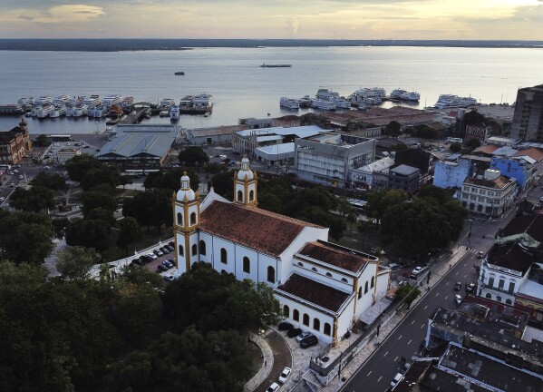 An aerial view of the Metropolitan Cathedral during a memorial Mass for Pope Francis celebrated by Cardinal Leonardo Steiner in Manaus, Amazonas state, Brazil, Tuesday, April 22, 2025. (AP Photo/Edmar Barros)