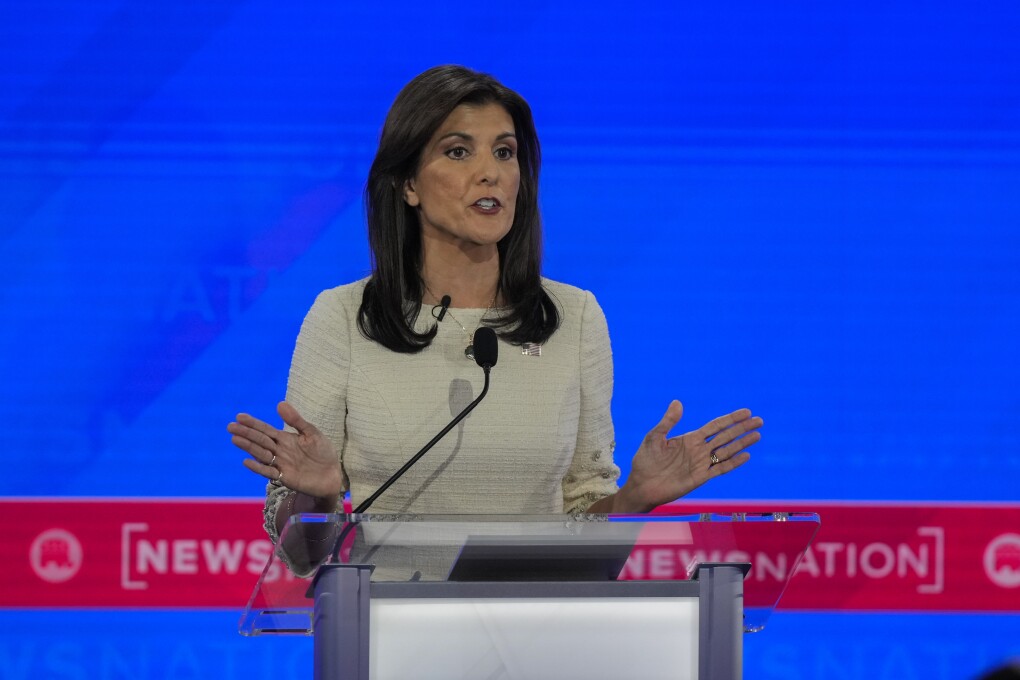 Republican presidential candidate former U.N. Ambassador Nikki Haley speaks during a Republican presidential primary debate hosted by NewsNation on Wednesday, Dec. 6, 2023, at the Moody Music Hall at the University of Alabama in Tuscaloosa, Ala. (APPhoto/Gerald Herbert)
