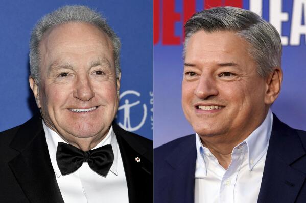 This combination of photos shows "Saturday Night Live" producer Lorne Michaels at The Museum Gala in New York on Dec. 1, 2022, left, and Netflix co-CEO and Chief Content Officer Ted Sarandos at a special screening of the Netflix documentary film "The Redeem Team," in Los Angeles on Sept. 22, 2022. PEN, the literary and free expression organization, is giving Michaels its PEN/Audible Literary Service Award. Sarandos will receive the Business Visionary Award. (AP Photo)