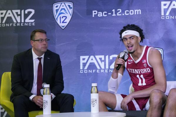 Stanford's Jaiden Delaire, right, speaks next to head coach Jerod Haase during the Pac-12 Conference NCAA college basketball media day Wednesday, Oct. 13, 2021, in San Francisco. (AP Photo/Jeff Chiu)