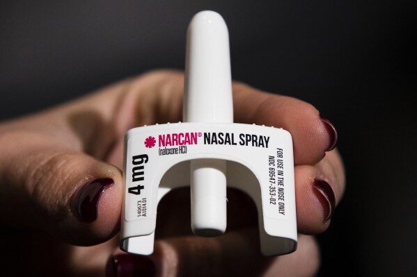 FILE - The overdose-reversal drug Narcan is displayed during training for employees of the Public Health Management Corporation (PHMC), Dec. 4, 2018, in Philadelphia. Drug overdose deaths in Kentucky fell nearly 10% in 2023, marking a second straight decline in the fight against an addiction epidemic that's far from over, Gov. Andy Beshear said Thursday. (AP Photo/Matt Rourke, File)