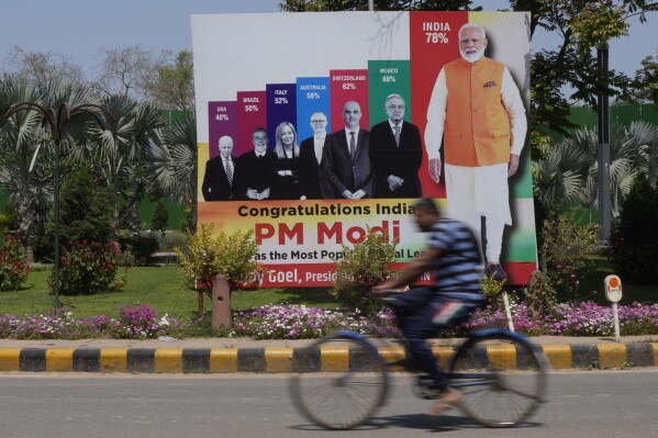 FILE- A man on a bicycle rides past a billboard that projects Indian Prime Minister Narendra Modi as the most popular among world leaders, in New Delhi, India, April 6, 2023. The Indian government has seized upon its role as host of this year’s G20 summit and mounted an advertising blitz that stresses India’s growing clout under Prime Minister Narendra Modi. (AP Photo/Manish Swarup, File)