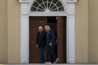 President Joe Biden, left, departs St. Joesph on the Brandywine Catholic Church in Wilmington, Del., Sunday, March 10, 2024, after attending Mass. (AP Photo/Stephanie Scarbrough)