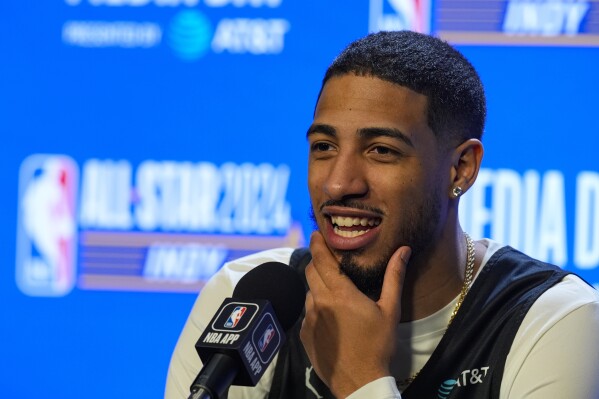 Indiana Pacers guard Tyrese Haliburton answers a question during media day at the NBA All-Star basketball game in Indianapolis, Saturday, Feb. 17, 2024. (AP Photo/Michael Conroy)