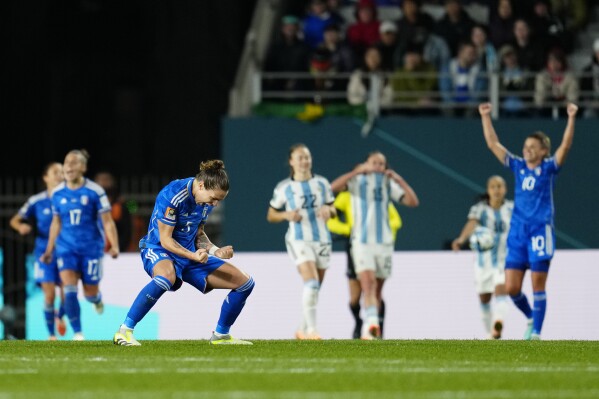 Italian players celebrate at the end of the Women's World Cup Group G soccer match between Italy and Argentina at Eden Park in Auckland, New Zealand, Monday, July 24, 2023. (AP Photo/Abbie Parr)