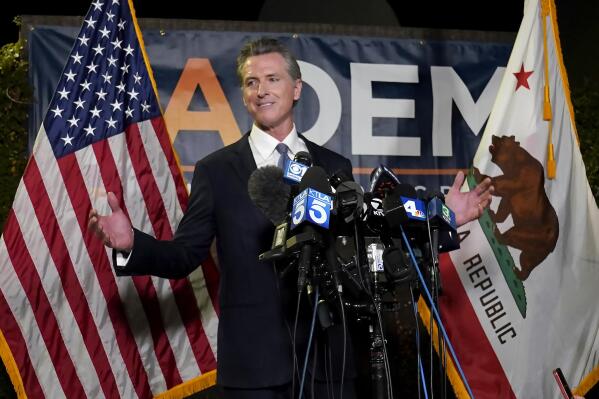 FILE - In this Sept. 14, 2021, file photo, California Gov. Gavin Newsom addresses reporters after beating back the recall attempt that aimed to remove him from office, in Sacramento, Calif. California Republicans are looking to quickly move on from a recall election that saw Gov. Newsom reinforce his political clout and add to the long list of Election Day disappointments for the state GOP. A three-day convention of party delegates that starts Friday, Sept. 24, 2021, will include its share of soul searching and finger-pointing, with the party facing the truth that Republicans have been unable to win a statewide race in California since 2006. (AP Photo/Rich Pedroncelli, File)