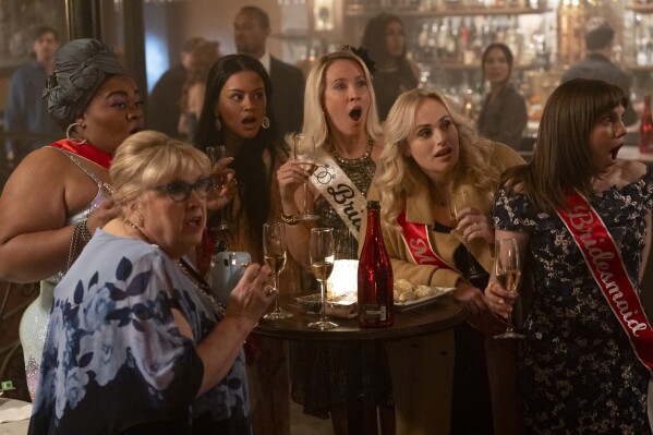 Colleen Camp, Da'Vine Joy Randolph, Gigi Zumbado, Anna Camp, Rebel Wilson and Anna Chlumsky in a scene from "Bride Hard." (Magenta Light Studios via AP)