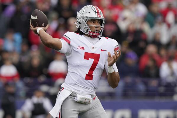 Ohio State quarterback C.J. Stroud throws a pass during the first half of an NCAA college football game against Northwestern, Saturday, Nov. 5, 2022, in Evanston, Ill. (AP Photo/Nam Y. Huh)