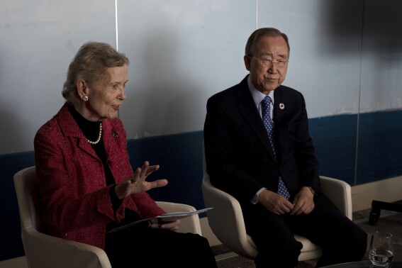 Chair of the Elders Mary Robinson, the first woman President of Ireland, left, and Ban Ki-moon, former UN Secretary-General, right, Deputy Chair of the Elders, speak during an interview in Tel Aviv, Israel, Thursday, June 22, 2023. Israel is inching toward apartheid and drifting further away from the hopes of creating a Palestinian state alongside it, Ban told The Associated Press Thursday on a visit to the region. (AP Photo/Maya Alleruzzo)