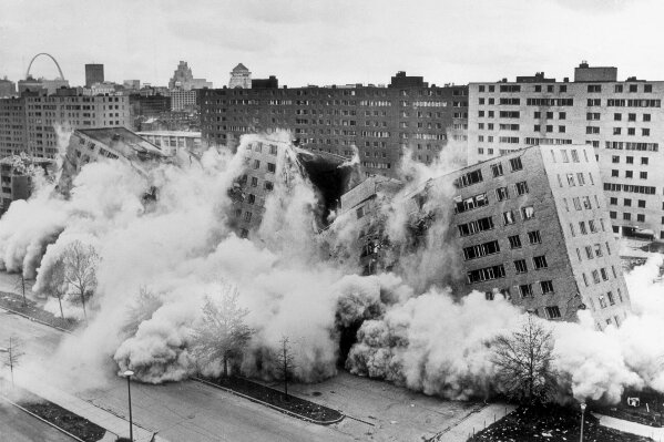 Dynamite brings down some of Pruitt-Igoe in April 1972 in St. Louis. Demolition of the 33-building complex had begun two months before. (Michael J. Baldridge/St. Louis Post-Dispatch via AP)